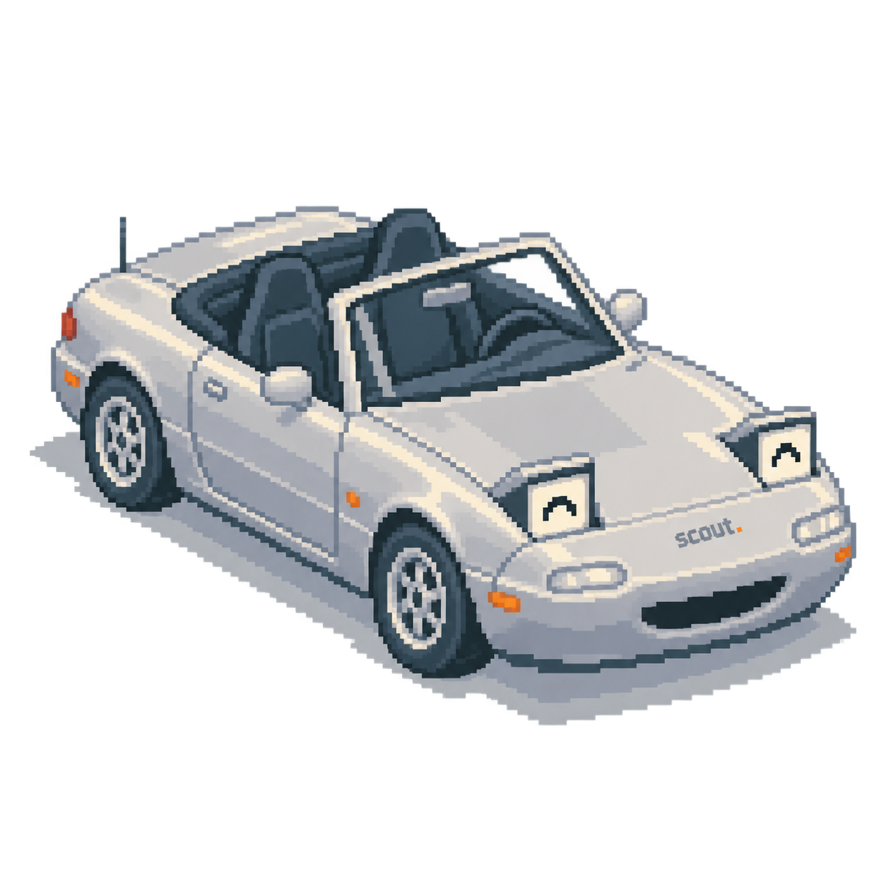 Milo, Scout’s happy silver pixel-art Miata, with smiling headlight eyes and Scout lettering on its nose.